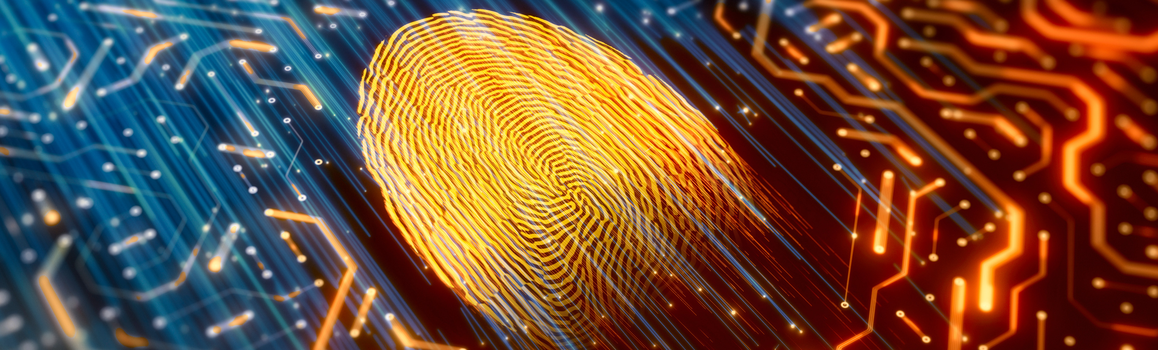 orange fingerprint on digital blue and orange motherboard