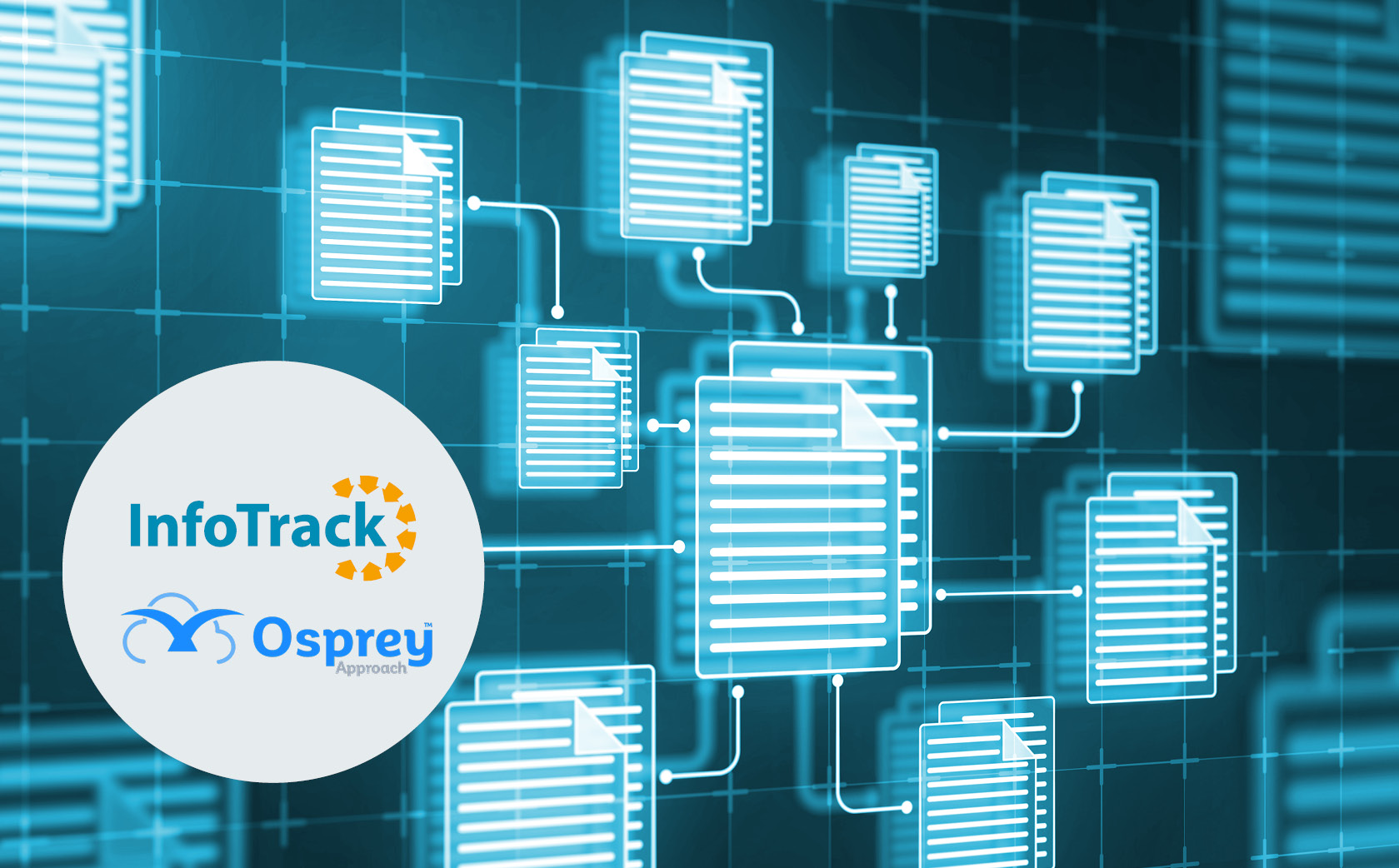 futuristic images showing diagram of document icons in light blue neon styling on navy background with Osprey and InfoTrack logos