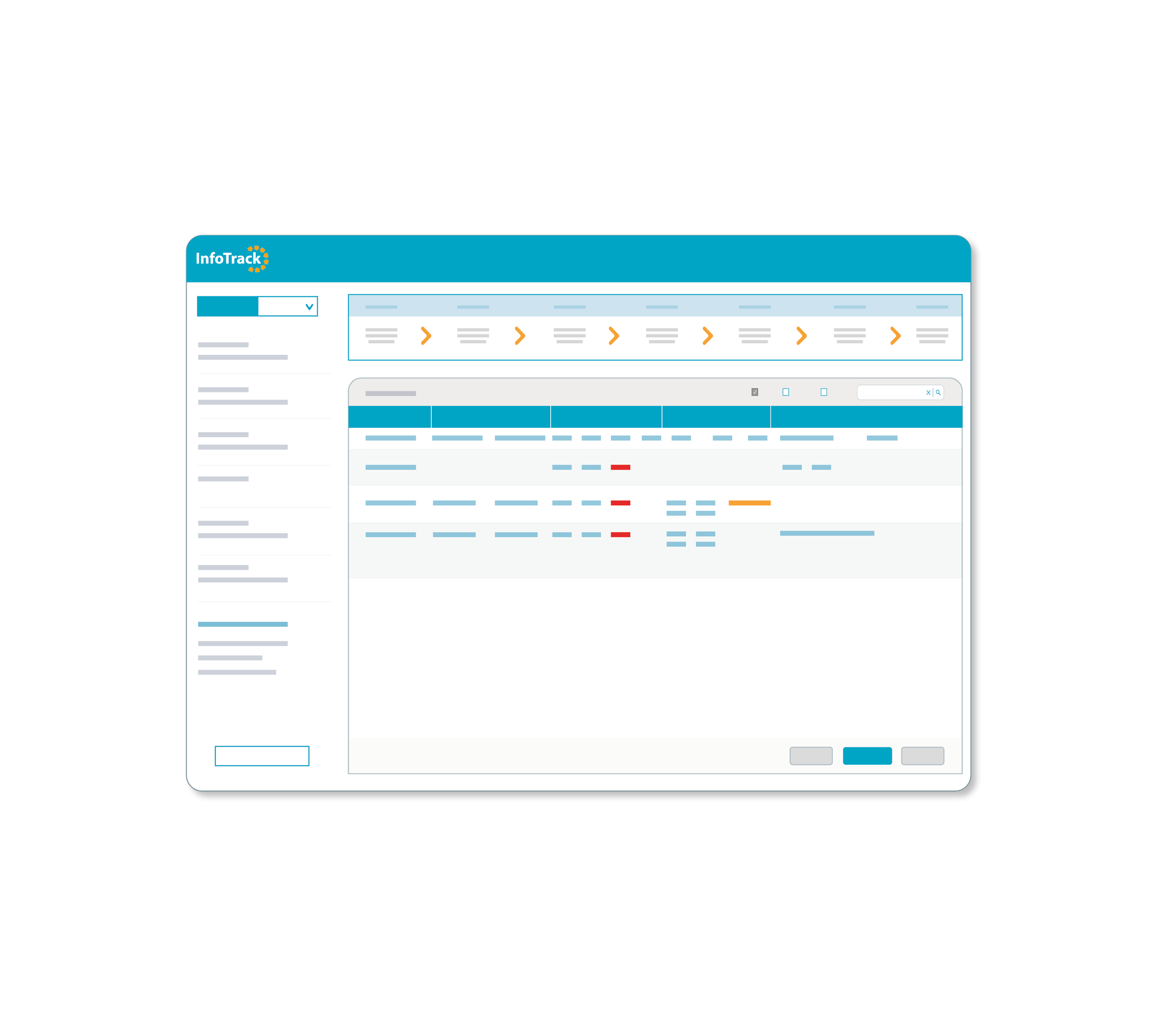 simplified illustration of the InfoTrack post completion dashboard on a blue and white interface with red alerts on navy background