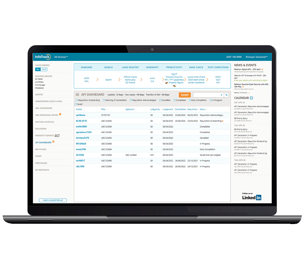 The InfoTrack AP1 dashboard