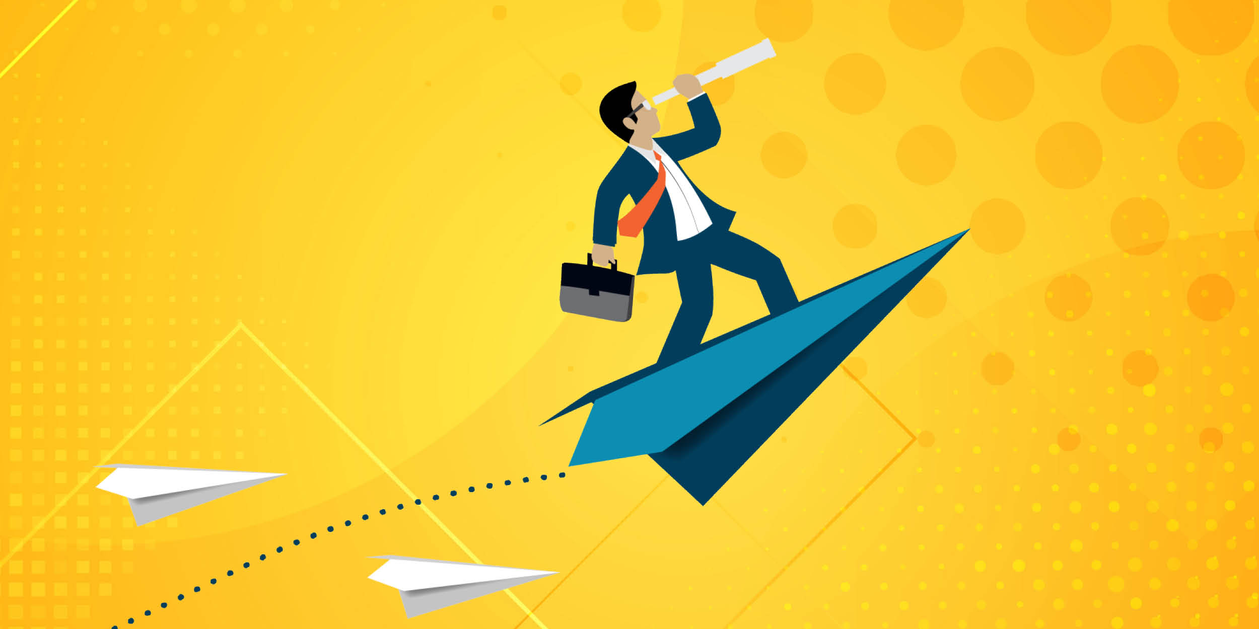 Illustrated man on paper plane on yellow patterned background